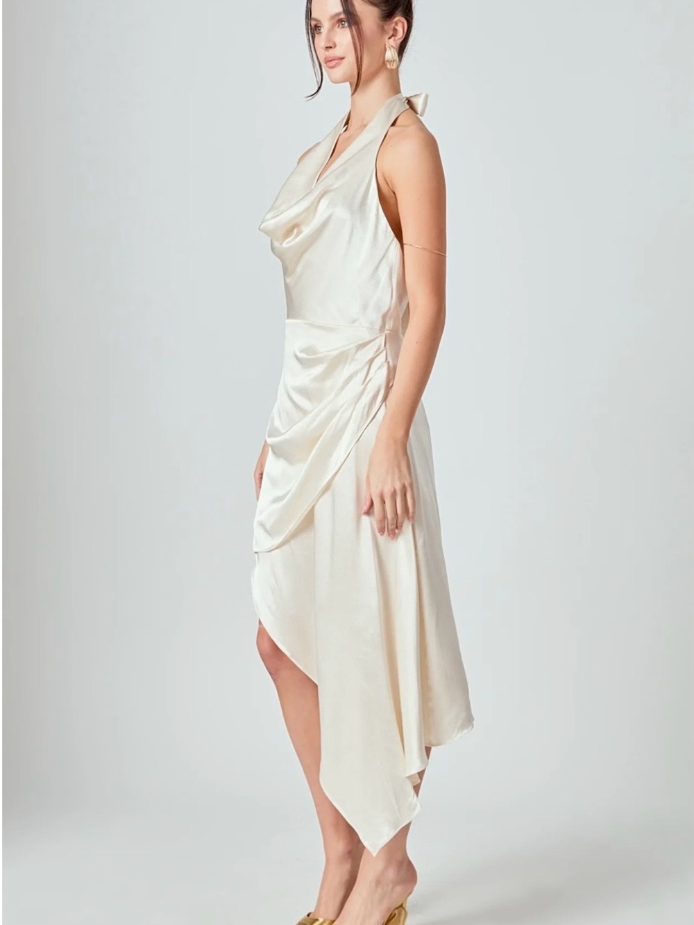 Elegant Ivory Halter Draped Midi Dress